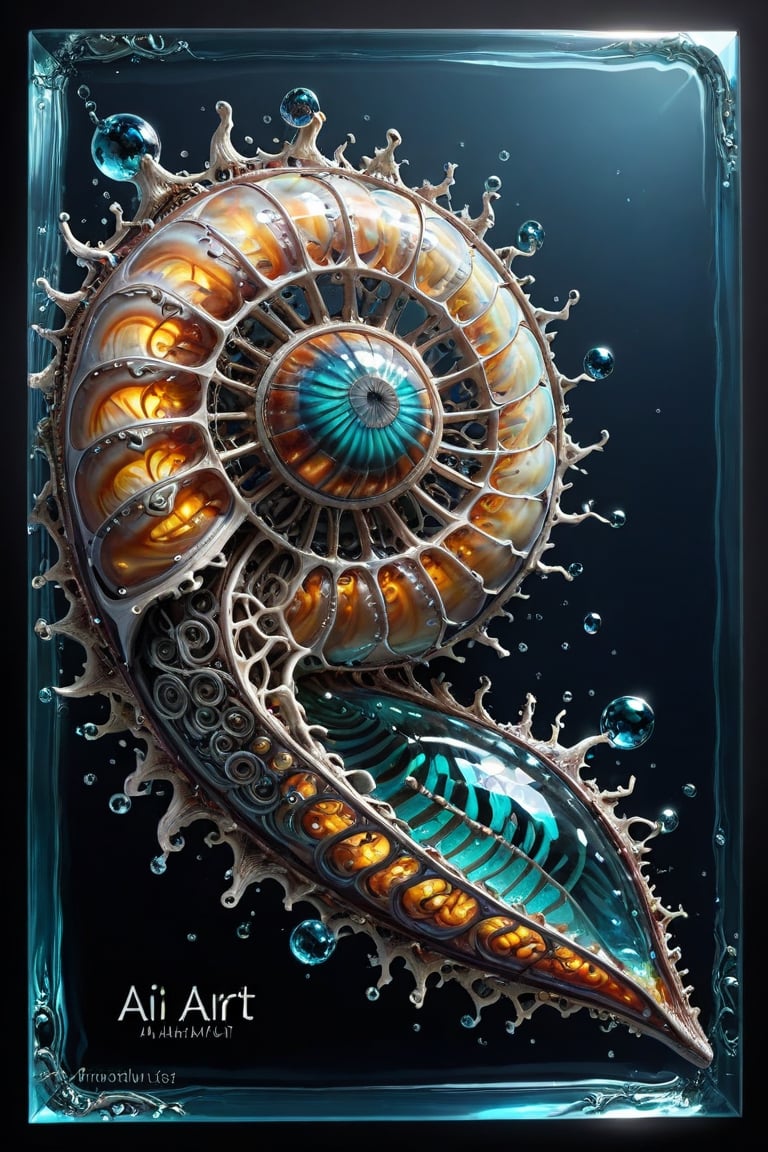A 3D style artwork that shows (an amazing glass sea nautilus shell), (glass art:1.4), (trendwhore style:1.6), with the large (text "AI-ART":2) in the corner. Gradient background, sharp details. Dark filigree on background. Highest quality, detailed and intricate, original artwork, trendy, futuristic, award-winning. Bright colors, close shot, artint, make_3d,art_booster,crystalz,spstation