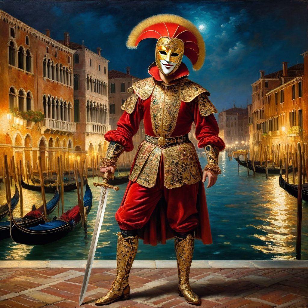 
A full body representation of a swordsman wearing a red and gold Venetian mask, dynamic pose, intricate, colorful, fine facial details, Venice city by night on background, sharp focus, aged oil painting in the style of rembrandt