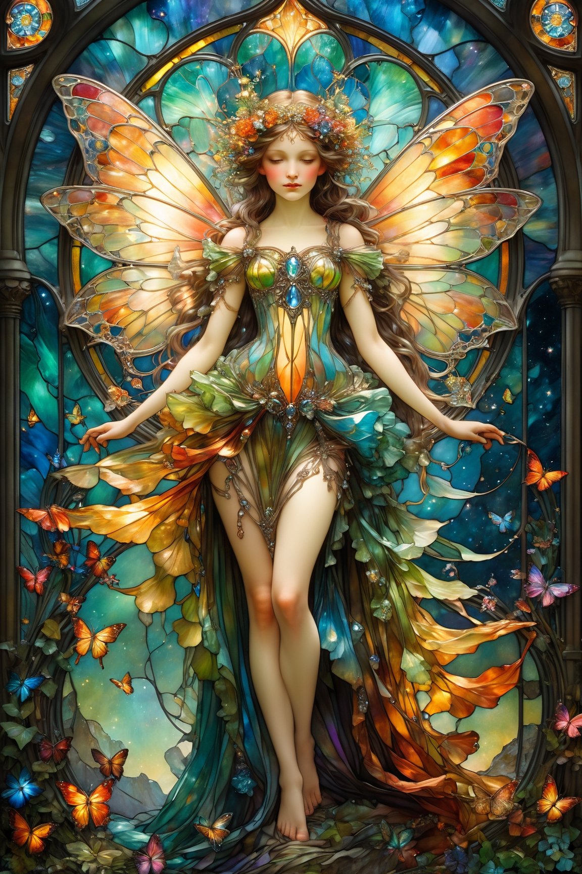 Full body fairy, magical fantasy art is done in oil paint and liquid chrome, liquid rainbow, best quality, art on a cracked paper, fairytale, patchwork, (stained glass:1.2), storybook detailed illustration, cinematic, ultra highly detailed, tiny details, beautiful details, mystical, luminism, vibrant colors, complex background, resolution hyperdetailed intricate liminal eerie precisionism, intricate background, (dark luminescent:1.2) art by Alphonse Mucha, Kinuko Y Craft, Arthur Rackham, Jean Baptiste Monge,crystalz