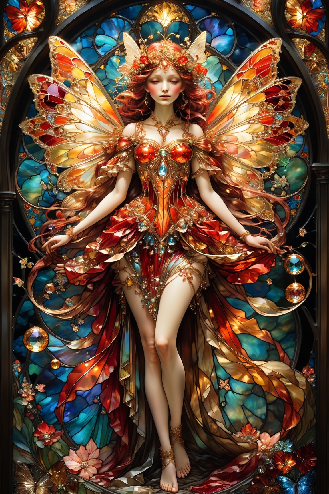Full body red and gold dressed fairy, magical fantasy art is done in oil paint and liquid chrome, liquid rainbow, best quality, golden line, fairytale, patchwork, (stained glass:1.2), storybook detailed illustration, cinematic, ultra highly detailed, tiny details, beautiful details, mystical, luminism, vibrant colors, complex background, resolution hyperdetailed intricate liminal eerie precisionism, intricate background, (dark luminescent:1.2) art by Alphonse Mucha, Kinuko Y Craft, crystalz