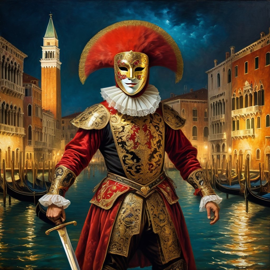 
A full body representation of a swordsman wearing a red and gold Venetian mask, dynamic pose, intricate, colorful, fine facial details, Venice city by night on background, sharp focus, aged oil painting in the style of rembrandt