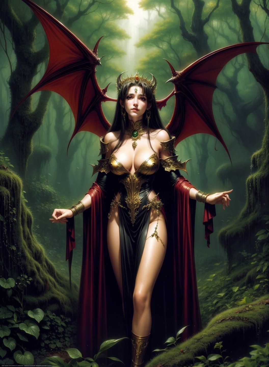 A large winged vampire queen by Luis Royo, richly golden jeweled, greenery forest background