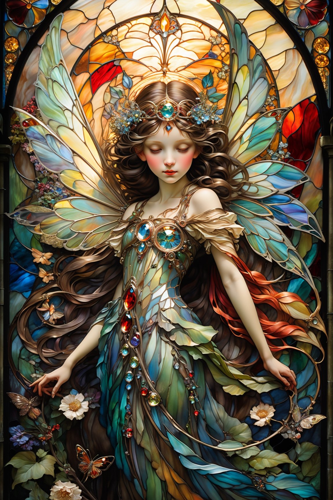 Fairy, large wings, magical fantasy art is done in oil paint and liquid chrome, liquid rainbow, golden line, red metal, best quality, fairytale, patchwork, (stained glass:1.2), storybook detailed illustration, cinematic, ultra highly detailed, tiny details, beautiful details, mystical, luminism, vibrant colors, complex background, resolution hyperdetailed intricate liminal eerie precisionism, DSLR filmic hyperdetailed, intricate background, (dark luminescent:1.2) art by Alphonse Mucha, Kinuno Y Craft, Brian Froud, Arthur Rackham, Jean Baptiste Monge,crystalz