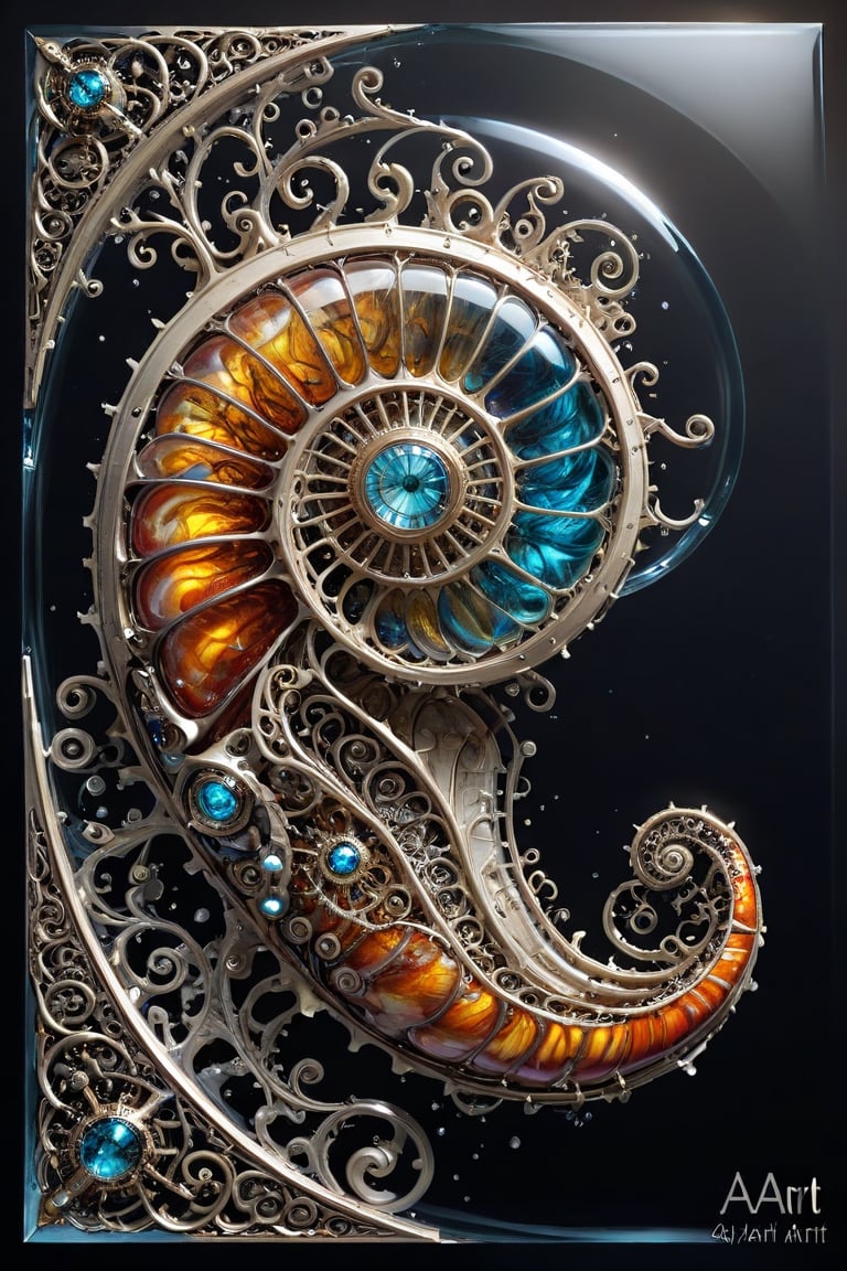 A 3D style artwork that shows (an amazing glass sea nautilus shell), (glass art:1.4), (trendwhore style:1.6), with the capital lettered (text "AI-ART":2) big dimensioned in the corner. Gradient background, sharp details. Dark filigree on background. Highest quality, detailed and intricate, original artwork, trendy, futuristic, award-winning. Bright colors, close shot, artint, make_3d,art_booster,crystalz,spstation
