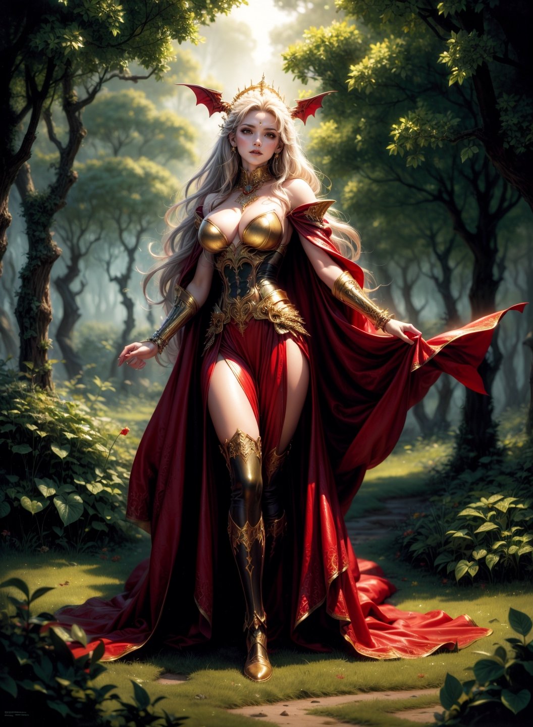A vampire queen by Luis Royo, richly golden jeweled, fine red leather dressed, standing in majestic pose, greenery forest background