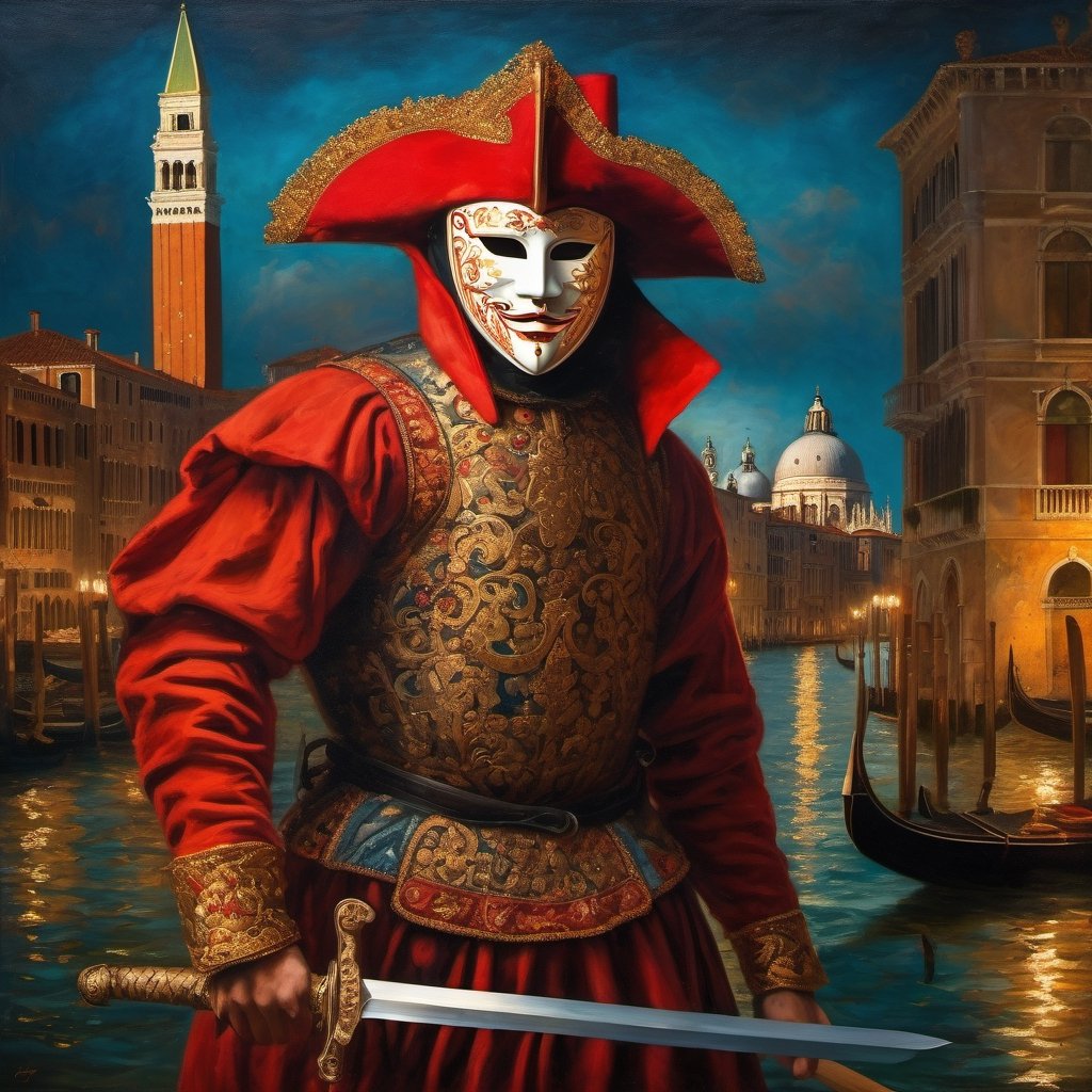 
A full body representation of a swordsman wearing a red Venetian mask, dynamic pose, intricate, colorful, fine facial details, Venice city by night on background, sharp focus, aged oil painting in the style of rembrandt