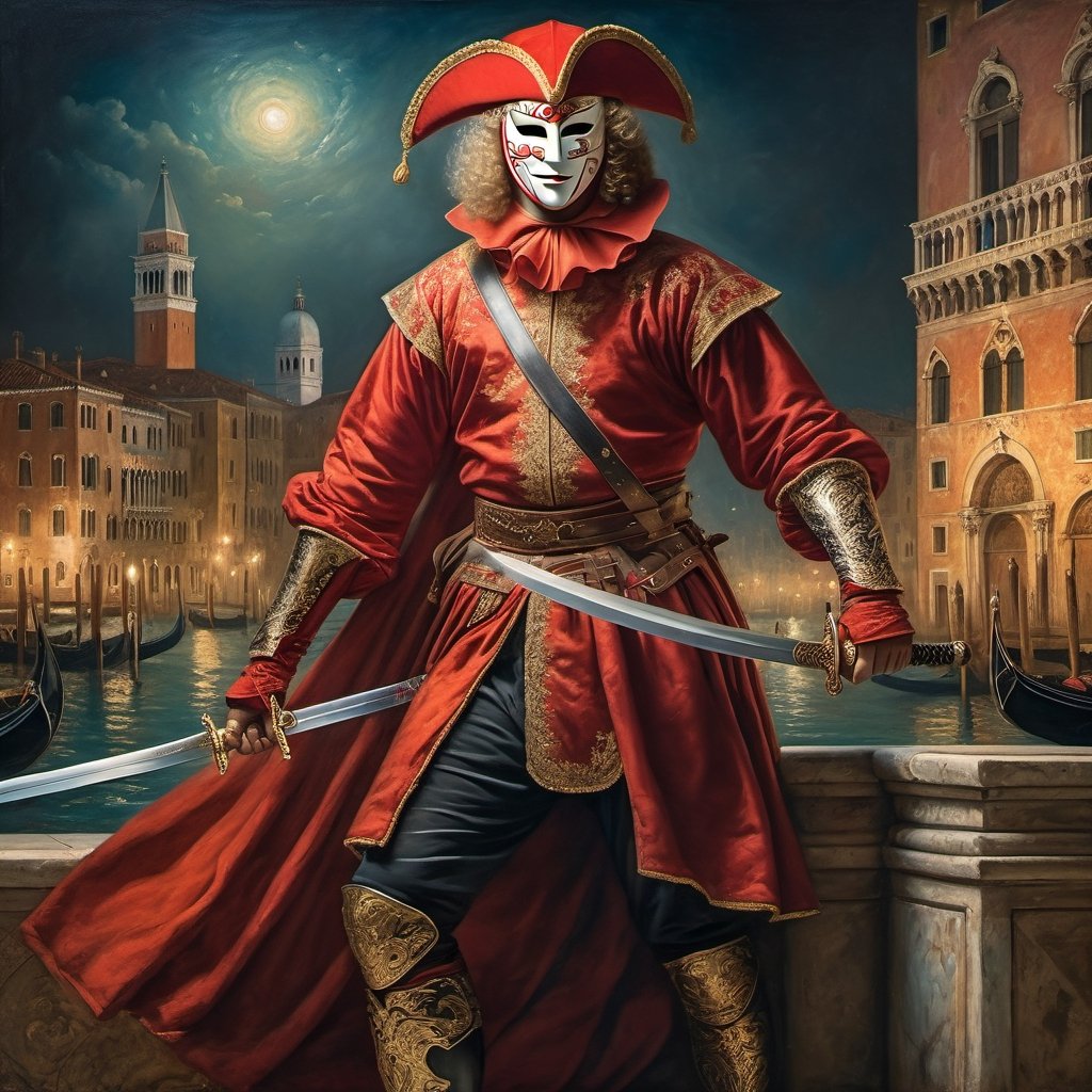 
A full body representation of a swordsman wearing a red Venetian mask, dynamic pose, intricate, colorful, fine facial details, Venice city by night on background, sharp focus, aged oil painting in the style of rembrandt