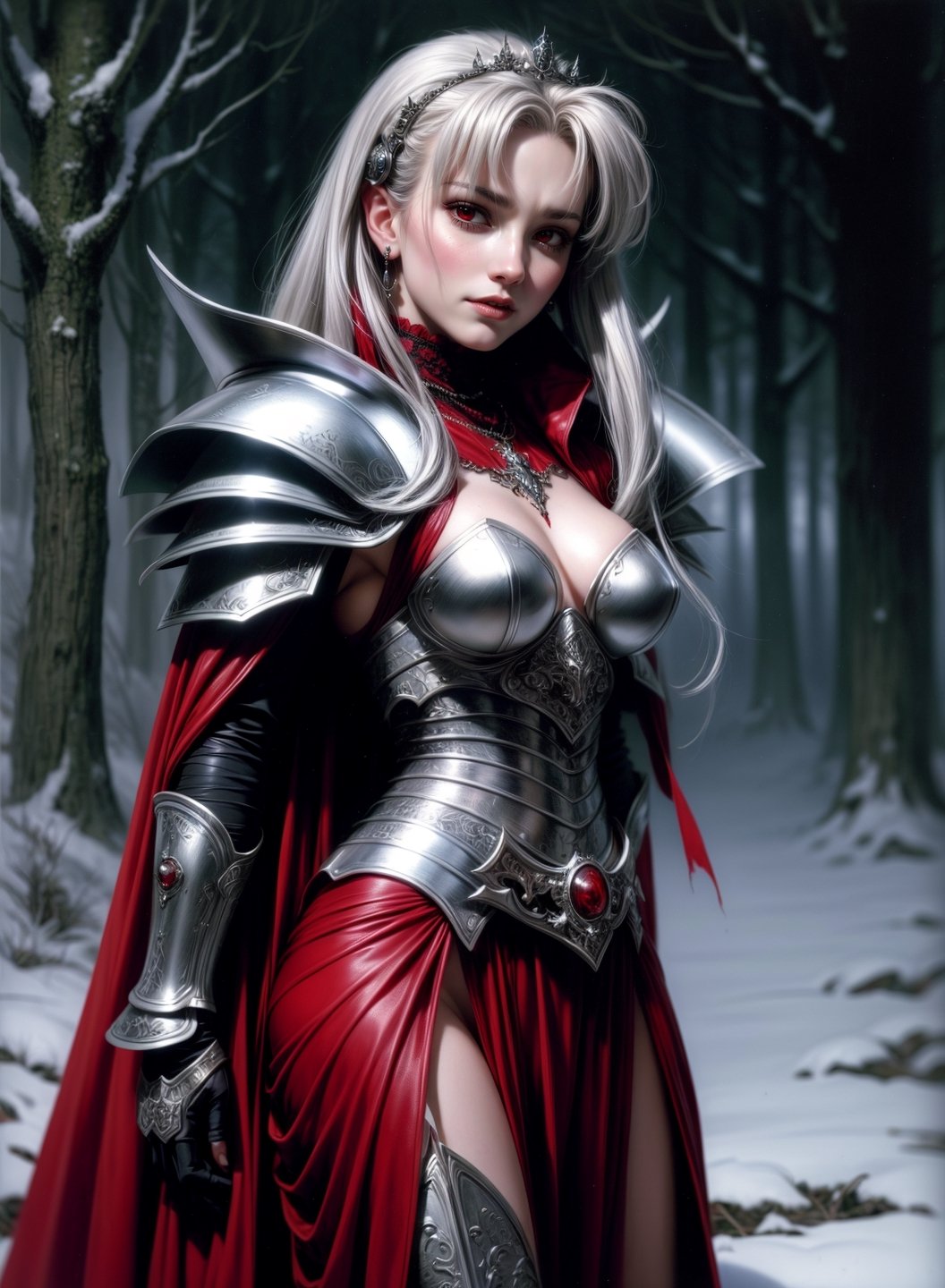 A vampire queen by Luis Royo, intricately ornated silver armor over a fine red leather dress, winter wood background