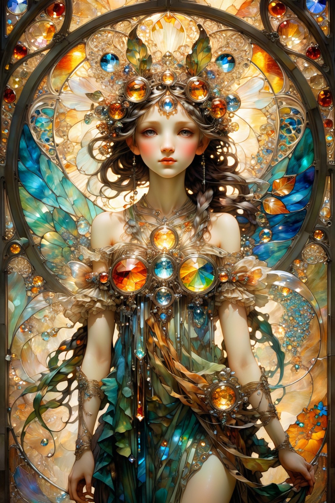 Full body fairy with perfect manga face, magical fantasy art is done in oil paint and liquid chrome, liquid rainbow, best quality, art on a cracked paper, fairytale, patchwork, (stained glass:1.2), storybook detailed illustration, cinematic, ultra highly detailed, tiny details, beautiful details, mystical, luminism, vibrant colors, complex background, resolution hyperdetailed intricate liminal eerie precisionism, intricate background, (dark luminescent:1.2) art by Alphonse Mucha, Kinuko Y Craft, Arthur Rackham, Jean Baptiste Monge,crystalz