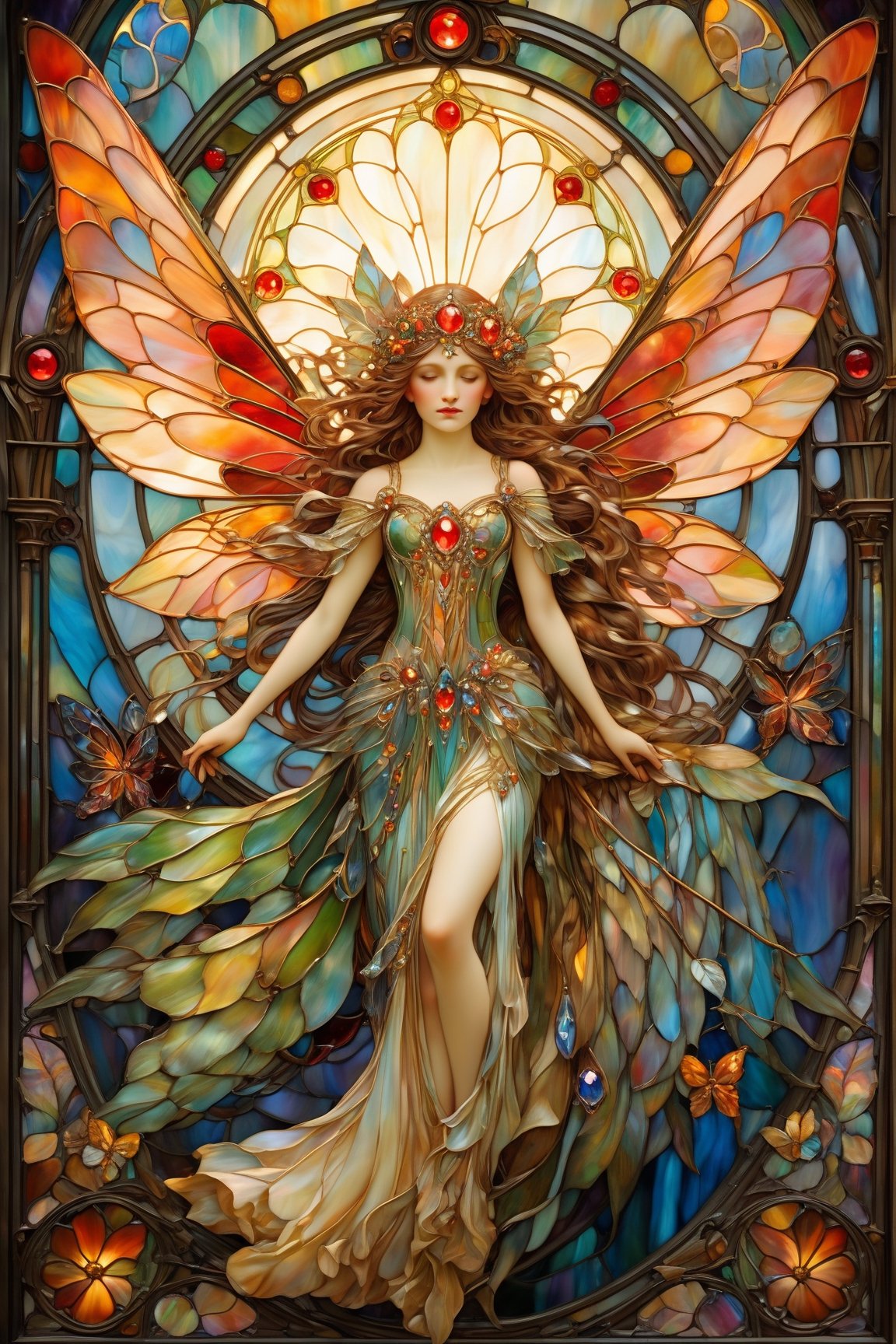 Fairy, large wings, magical fantasy art is done in oil paint and liquid chrome, liquid rainbow, golden line, copper surfaces, shining red jewels, best quality, fairytale, patchwork, (stained glass:1.2), storybook detailed illustration, cinematic, ultra highly detailed, tiny details, beautiful details, mystical, luminism, vibrant colors, complex background, resolution hyperdetailed intricate liminal eerie precisionism, DSLR filmic hyperdetailed, intricate background, (dark luminescent:1.2) art by Alphonse Mucha, Kinuno Y Craft, Brian Froud, Arthur Rackham, Jean Baptiste Monge,crystalz