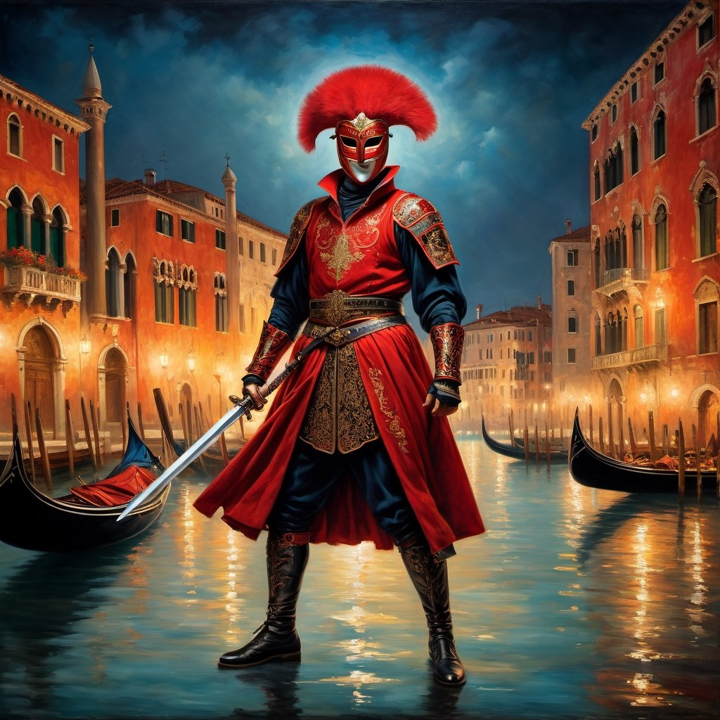 
A full body representation of a swordsman wearing a red Venetian mask, he wields a saber, dynamic pose, intricate, colorful, fine facial details, Venice city by night on background, sharp focus, aged oil painting in the style of rembrandt