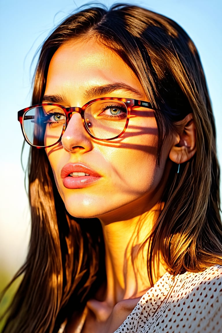 Girl,((hyperrealistic)),morning sun hitting her face,glasses,American,19 years old,blue eyes,cute 