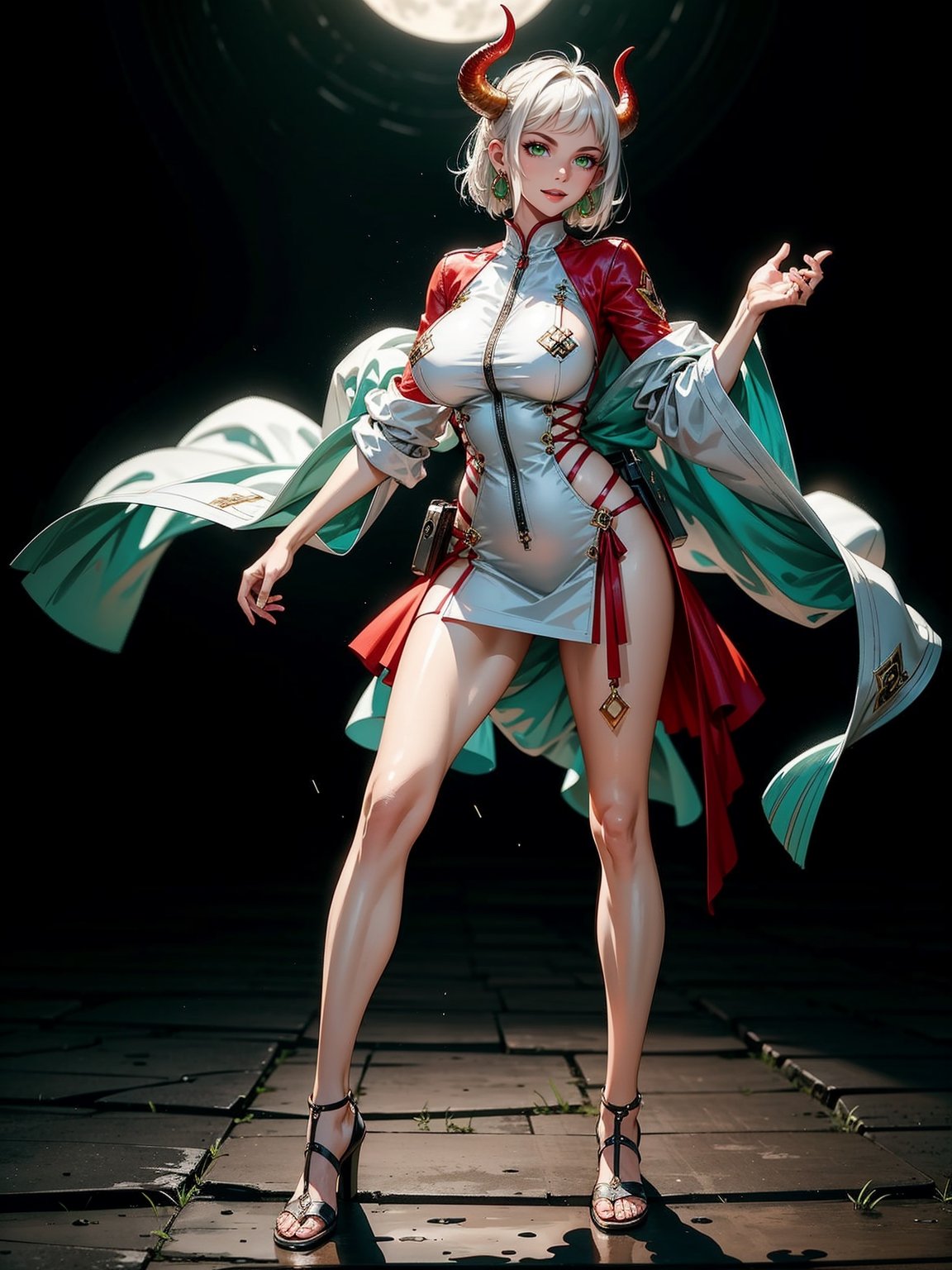 A woman, wearing white lock costume with dark red parts, very tight costume on the body, ((gigantic breasts, perfect body)), short hair, straight hair, hair with bangs in front of the eyes, ((horns on the head, hair with green lock)), looking at the viewer, (((pose with interaction and leaning on [something|an object]))), on an agar, with machines, vehicles, raining hard, at night, full moon top right, ((full body):1.5), 16k, UHD, best possible quality, ultra detailed, best possible resolution, Unreal Engine 5, professional photography, well-detailed fingers, well-detailed hand, perfect_hands, perfect,