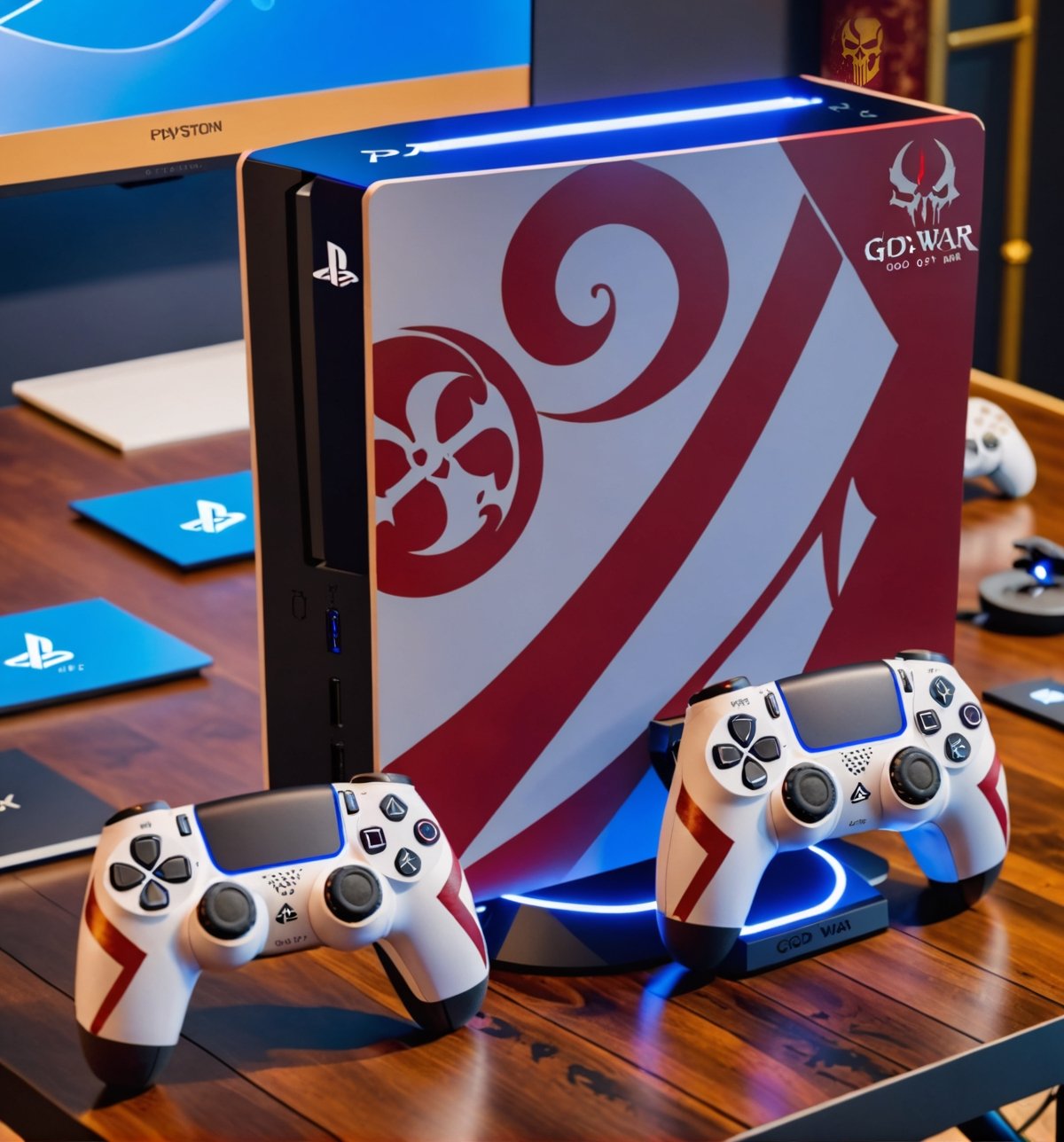 A fully customized God of War themed PlayStation 5 on a table.