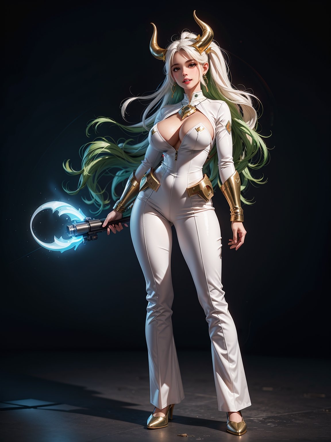 A woman, wearing white wick suit + green metallic suit with lights attached, ((gigantic breasts)), hair slick, hair with bangs in front of the eyes, ((horns and helmet on the head)), looking at the viewer, ((pose with interaction and leaning on [something|an object])), in an alien ship, with computers, machines, teleportation, armed aliens, luminous pipes, ((full body):1.5), 16k, UHD, best possible quality, ultra detailed, best possible resolution, Unreal Engine 5, professional photography, well-detailed fingers, well-detailed hand, perfect_hands, perfect, ((super metroid)) + ((batman))