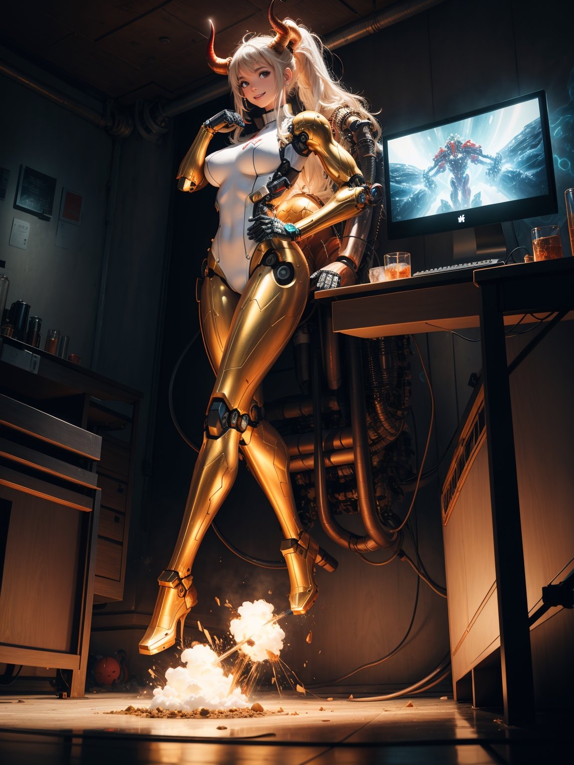 A woman, wearing white wick suit + red robotic suit, very tight costume on the body, ((gigantic breasts)), hair with green lock, straight hair, hair with bangs in front of the eyes, ((horns on the head)), looking at the viewer, (((pose with interaction and leaning on [something|an object]))), in a laboratory, with computers, machines, vehicles, windows, lights inside pipes,  ((full body):1.5), 16k, UHD, best possible quality, ultra detailed, best possible resolution, Unreal Engine 5, professional photography, well-detailed fingers, well-detailed hand, perfect_hands, perfect, ((super metroid)), ((mecha)) + ((robotic))
