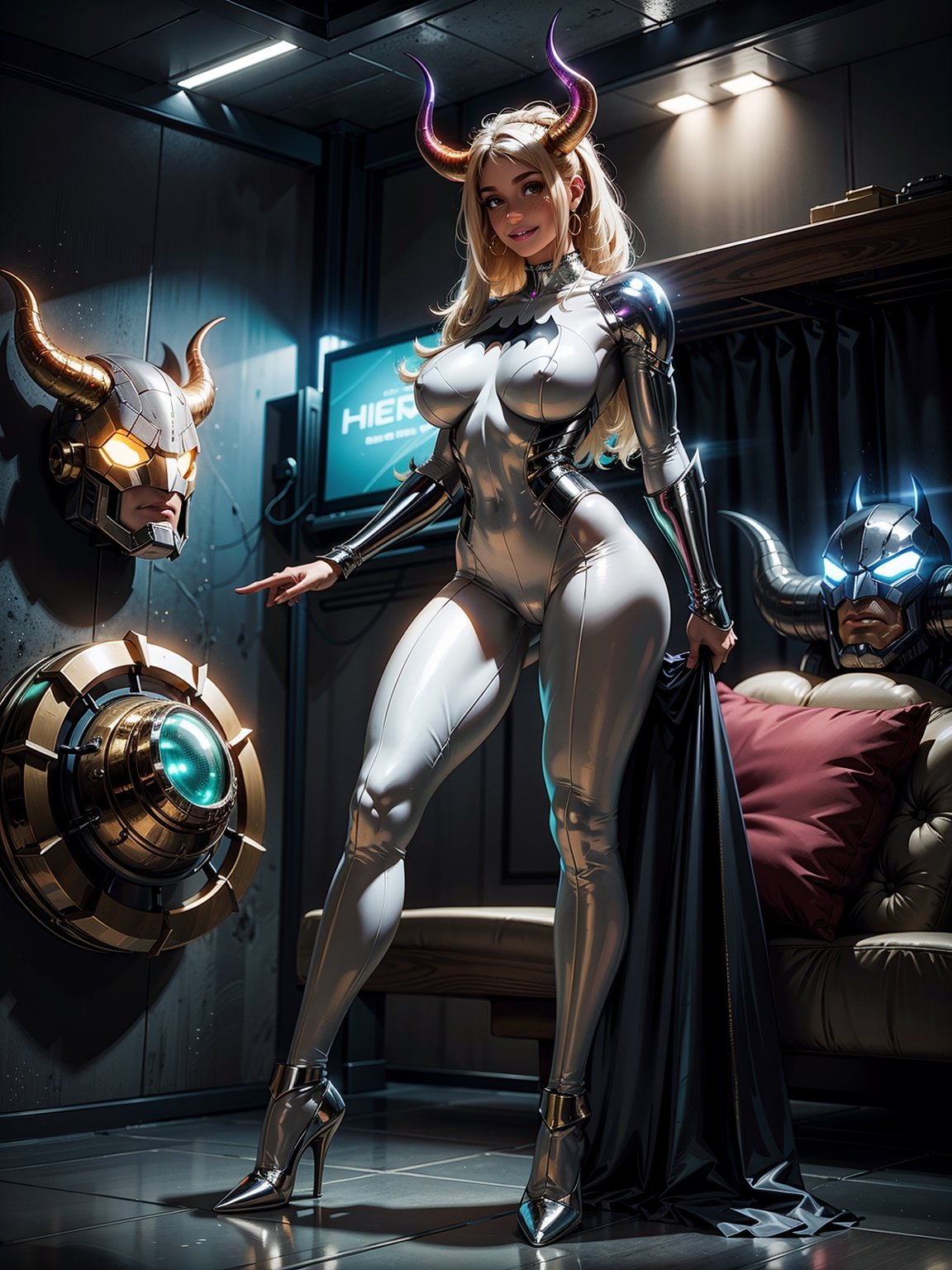 A woman, wearing white wick suit + green metallic suit with lights attached, ((gigantic breasts)), hair slick, hair with bangs in front of the eyes, ((horns and helmet on the head)), looking at the viewer, ((pose with interaction and leaning on [something|an object])), in an alien ship, with computers, machines, teleportation, armed aliens, luminous pipes, ((full body):1.5), 16k, UHD, best possible quality, ultra detailed, best possible resolution, Unreal Engine 5, professional photography, well-detailed fingers, well-detailed hand, perfect_hands, perfect, ((super metroid)) + ((batman))