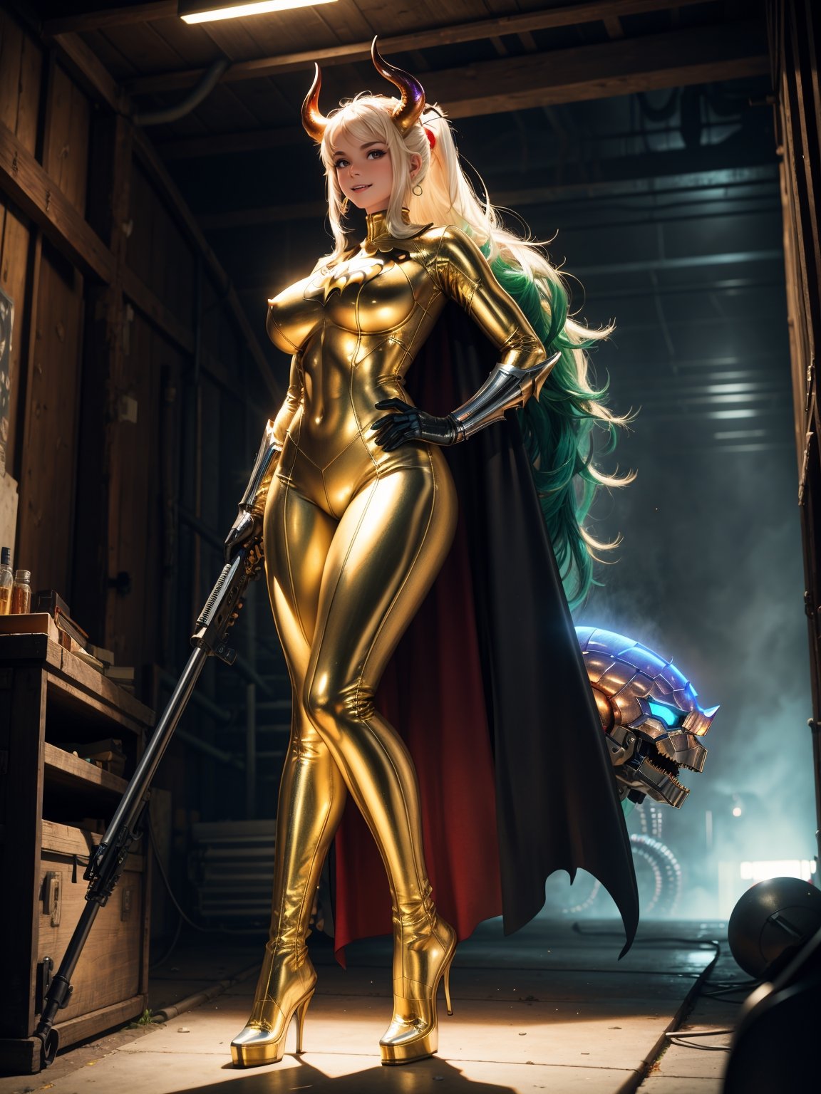 A woman, wearing white wick suit + green metallic suit with lights attached, ((gigantic breasts)), hair straight, hair with bangs in front of the eyes, ((horns and helmet on the head)), looking at the viewer, ((pose with interaction and leaning on [something|an object])), in a shed, with computers, machines, teleportation, vehicles, luminous pipes, ((full body):1.5), 16k, UHD, best possible quality, ultra detailed, best possible resolution, Unreal Engine 5, professional photography, well-detailed fingers, well-detailed hand, perfect_hands, perfect, ((super metroid, batman))