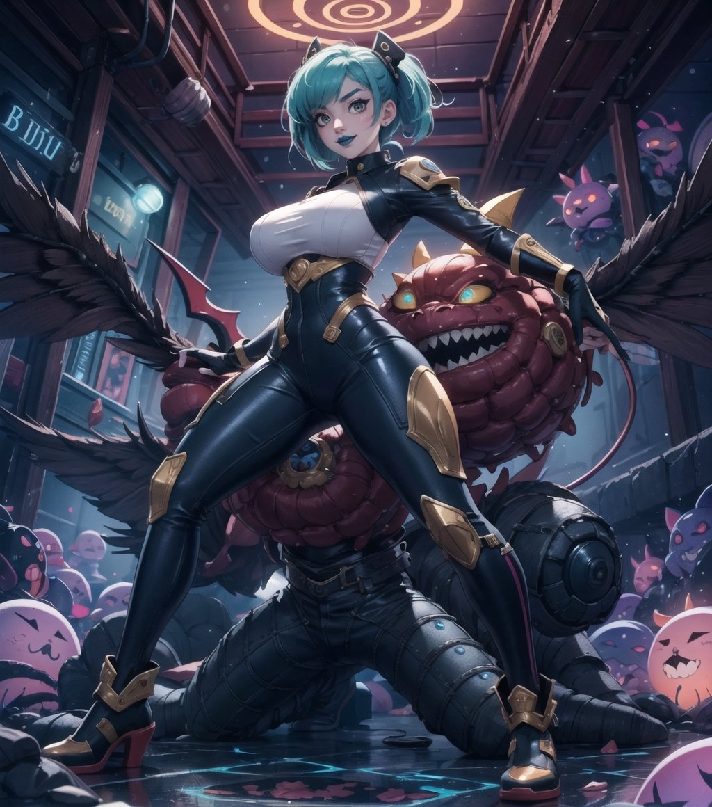 Masterpiece in demonic high definition, with terrifying details and a macabre atmosphere. | Bulma, a 22-year-old, wears a white mecha suit adorned with blue and red details, highlighted by sparkling neon lights. The tight-fitting suit accentuates her curves and gives off a sinister aura. Her light green hair is short and straight, with a voluminous fringe covering part of her eyes, complemented by a helmet adorned with neon lights, emitting a supernatural glow. | With piercing ((golden eyes)), Bulma stares directly at the viewers, her ((diabolical smile)) revealing a touch of mischief in her expression. Her lips are painted with dark ((blue lipstick)), adding an enigmatic air to her demeanor. | We find ourselves in an alien dungeon, where sinister and unknown structures dominate the scene. A large alien construction, adorned with emblems and surrounded by computers, stands imposingly in the center of the location. Pipes snaked with luminous liquid traverse the environment, creating a futuristic and threatening atmosphere. Mysterious altars and pillars adorn the dark corners of the dungeon, while slimy slimes and aliens with slimy bodies move in the shadows, adding a sense of imminent danger. | In this oppressive and terrifying environment, Bulma projects a demonic and enigmatic presence, ready to unravel the dark secrets of this alien dungeon. | {The camera is positioned very close to her, revealing her entire body as Bulma adopts an exciting_pose, interacting with and leaning on a structure in the scene in an exciting way.} | Bulma is adopting an (((exciting_pose as she interacts, boldly leaning on a structure, leaning back in an exciting way))), ((exciting_pose):1.3), ((perfect_pose)), ((perfect_pose):1.5), (((full body image))), ((perfect_fingers, perfect_hands)) better_hands, ((More Detail)), huge breasts