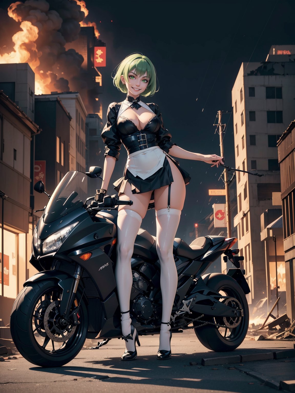 A woman wearing black maid's attire with white skirt, extremely tight and short costume and skirt, gigantic breasts, very short green hair, bangs in front of her eyes, (((erotic pose interacting and leaning on a vehicle))), in a completely destroyed city, burning buildings, is at night raining hard, ((full body):1.5). 16k, UHD, best possible quality, best possible detail, best possible resolution, Unreal Engine 5, professional photography,