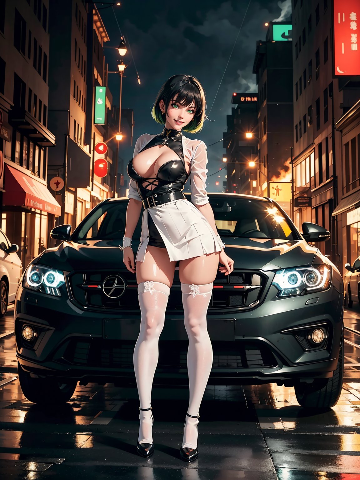 A woman wearing black maid's attire with white skirt, extremely tight and short costume and skirt, gigantic breasts, very short green hair, bangs in front of her eyes, (((erotic pose interacting and leaning on a vehicle))), in a completely destroyed city, burning buildings, is at night raining hard, ((full body):1.5). 16k, UHD, best possible quality, best possible detail, best possible resolution, Unreal Engine 5, professional photography,