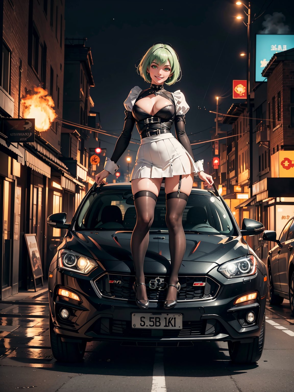 A woman wearing black maid's attire with white skirt, extremely tight and short costume and skirt, gigantic breasts, very short green hair, bangs in front of her eyes, (((erotic pose interacting and leaning on a vehicle))), in a completely destroyed city, burning buildings, is at night raining hard, ((full body):1.5). 16k, UHD, best possible quality, best possible detail, best possible resolution, Unreal Engine 5, professional photography,