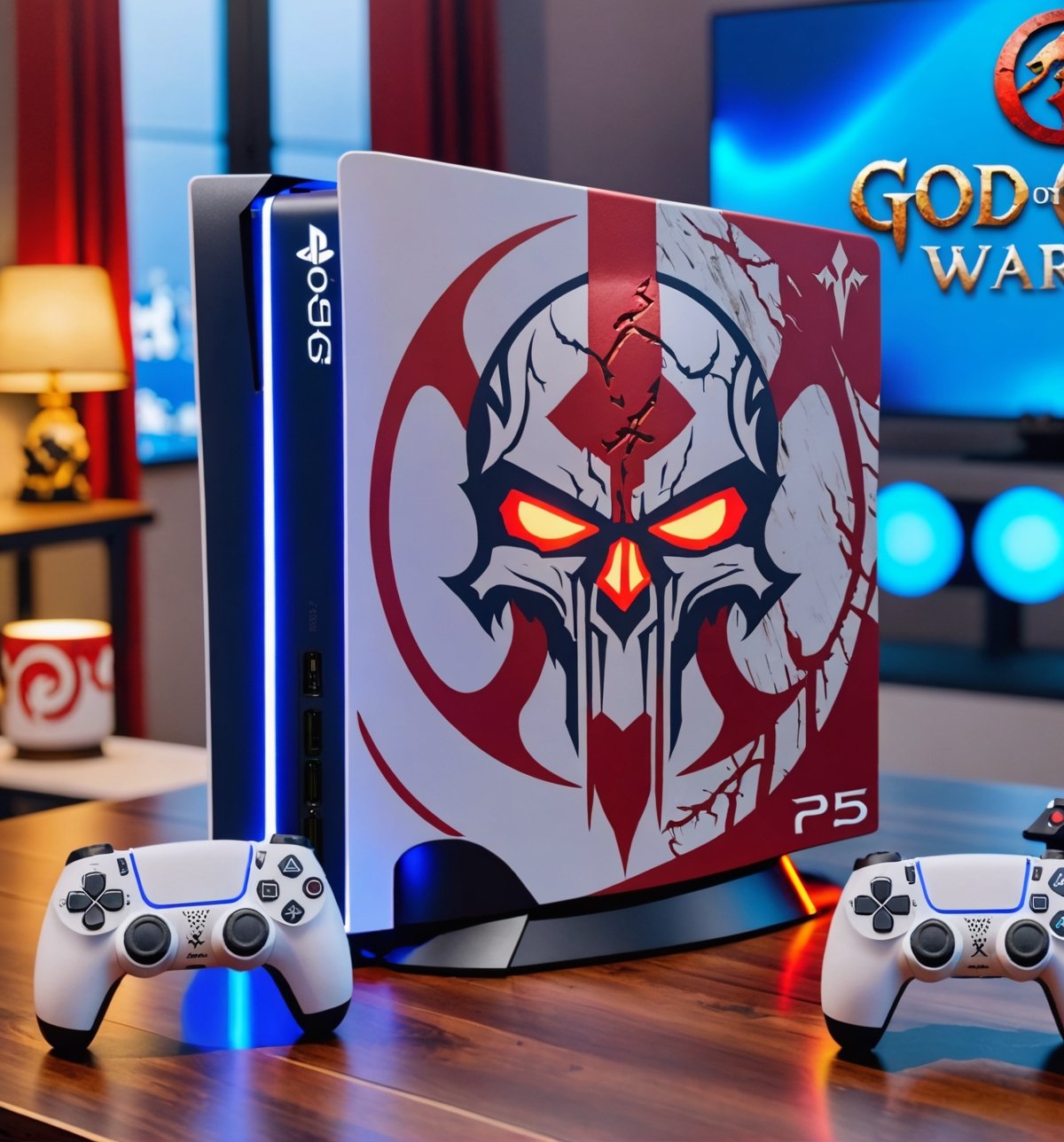 A fully customized God of War themed PlayStation 5 on a table.