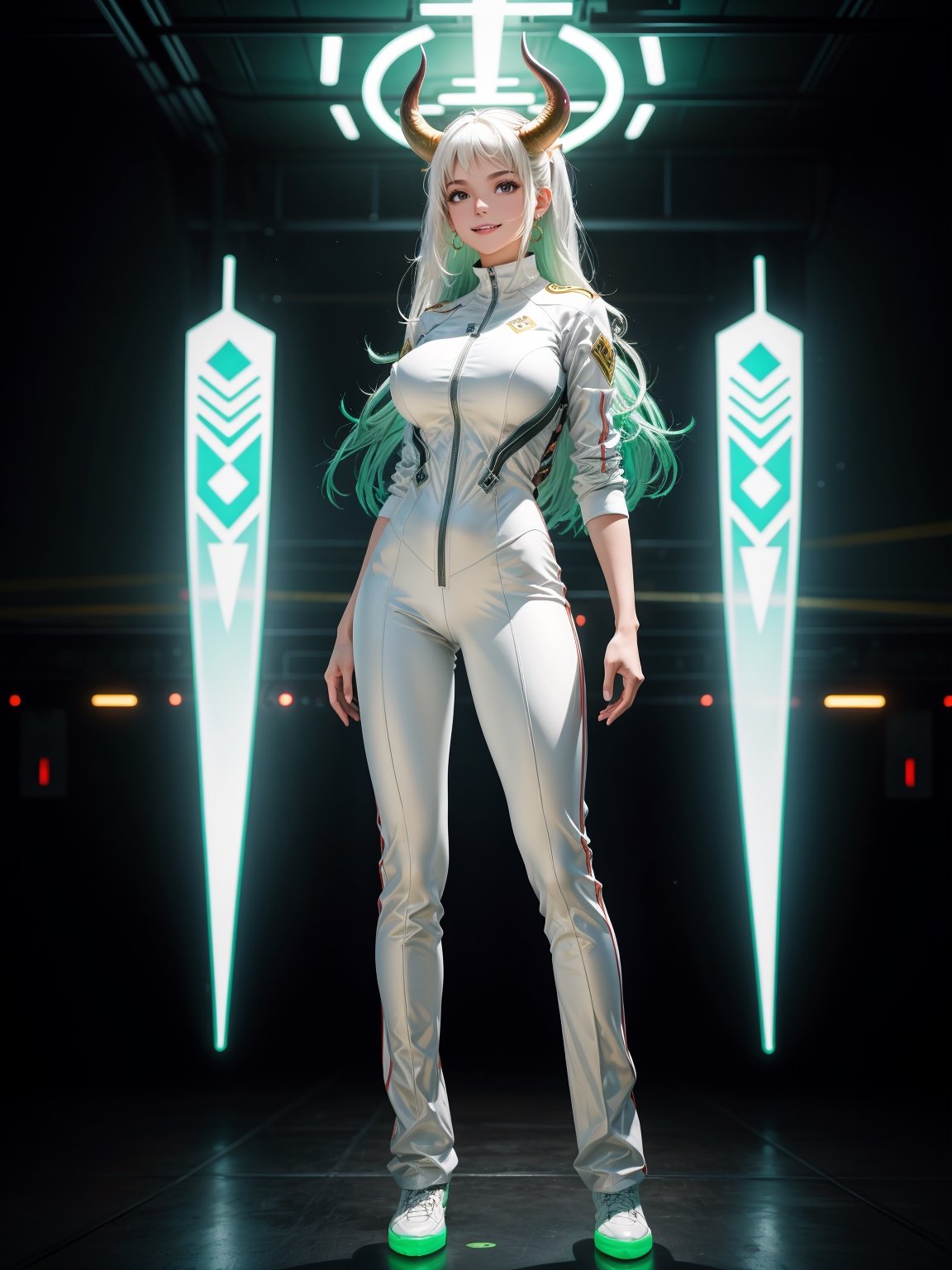 A woman, wearing white wick suit + green metallic suit with lights attached, ((gigantic breasts)), hair slick, hair with bangs in front of the eyes, ((horns and helmet on the head)), looking at the viewer, ((pose with interaction and leaning on [something|an object])), in an alien ship, with computers, machines, teleportation, armed aliens, luminous pipes, ((full body):1.5), 16k, UHD, best possible quality, ultra detailed, best possible resolution, Unreal Engine 5, professional photography, well-detailed fingers, well-detailed hand, perfect_hands, perfect