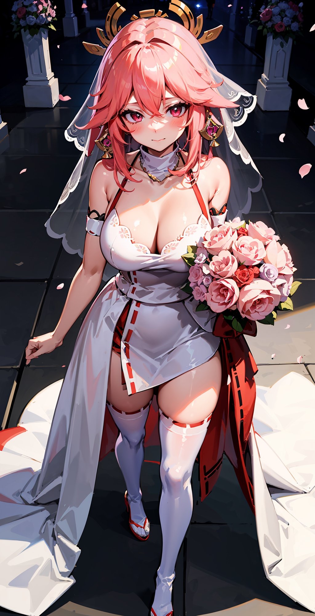 ((Yae miko,)) girl, an anime girl in a wedding dress, 1girl, bouquet, solo, long hair, breasts, wedding dress, pink hair, red eyes, thigh highs, bridal veil, holding bouquet, cleavage:2, standing, looking at viewer, legs open,Pro Lighting,1 girl,