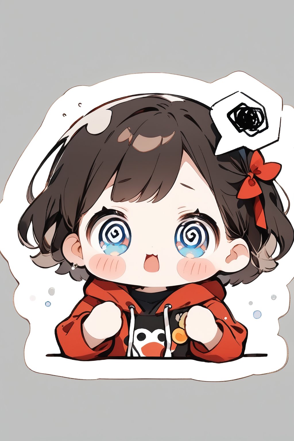 An anime girl named Marthita, 19 years old, with short black brown hair and blue eyes. She has lightly tanned skin. She is wearing a zip-up red hoodie, a black shirt, and a big red bow on her head.
//quality, masterpiece:1.4, detailed:1.4, best quality:1.4,//,1girl,solo,cute,//black brown hair, short hair, blue eyes,//,hair_ribbons,off_shoulder,(red hoodie),//,sweat_drops,cold sweats,blush, frowning,@_@,(spiral_eyes),wavy_mouth,mouth_open,(spoken_squiggle),//,hands_up,(hands over head), table,//,plain white background,simple_background,close up portrait,upper_body,stickers,outline ,Deformed,sticker,chibi,chibi style