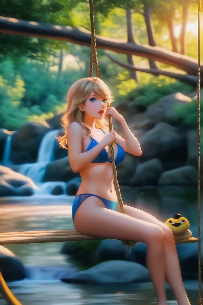 a cartoon full body of a beautiful Taylor Swift 26 years old ,blonde hair, blue eyes  wearing a skimpy blue bikini sitting on a swing holding a rope in a forest whit a river at sunset  as background in 4k,TaylorSwift,photo r3al,disney pixar style