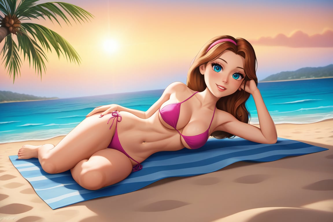 cartoon full body of a beautiful caucasian girl 26 years old ,brown hair, blue eyes  wearing a skimpy pink bikini laying in the sand in miami beach  at sunset whit the city  as background in 4k,TaylorSwift,disney pixar style,better photography,Extremely Realistic,SFW