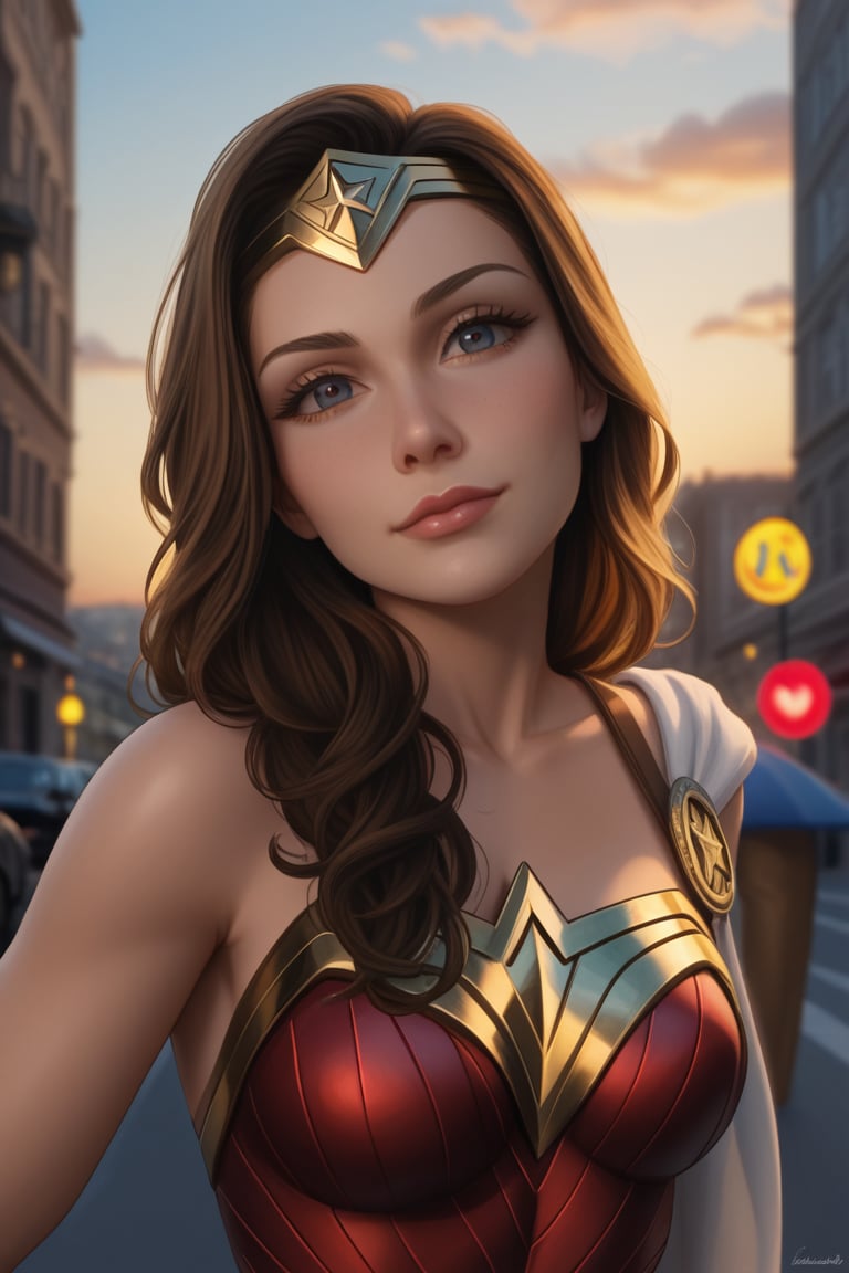 cartoon full body of a beautiful Gal Gadot  26 years old ,brown hair, brown eyes  wearing a skimpy custom of wonder woman DC stand up at sunset  in a street of New york at sunset as background in 4k,ScarlettJohansson,disney pixar style,better photography,OHWX