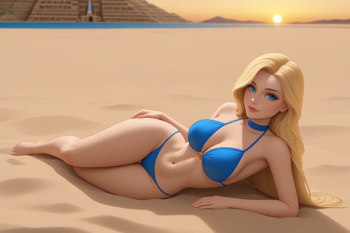 cartoon body of a beautiful Taylor Swift 26 years old ,blonde hair, blue eyes  wearing a skimpy blue bikini laying in the sand in the Cairo, Egypt at sunset whit the pyramids of Egypt as background in 4k,TaylorSwift,disney pixar style,better photography