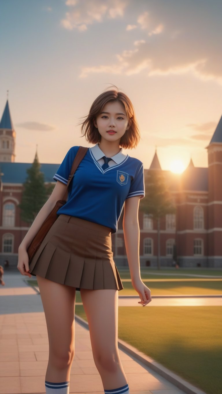 a photography full body of a beautiful caucasian girl 19 years old ,brown small hair, wearing a skimpy blue school uniform and miniskirt stand up in a college at sunset  as background in 4k,Extremely Realistic,photorealistic,disney pixar style,photo r3al, score_9_up