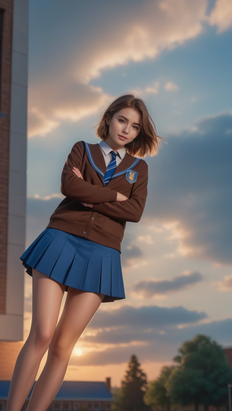 a photography full body of a beautiful caucasian girl 19 years old ,brown small hair, blue eyes, wearing a skimpy blue school uniform and blue miniskirt stand up in a college at sunset  as background in 4k,Extremely Realistic,photorealistic,disney pixar style,photo r3al, score_9_up