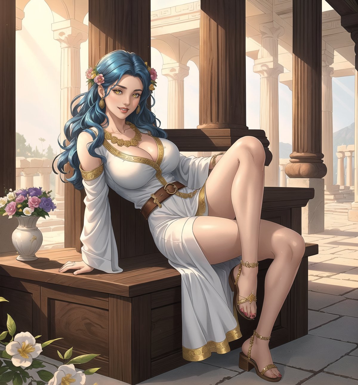 An ultra-detailed 16K masterpiece with classic and mythological styles, rendered in ultra-high resolution with stunning graphical detail. | Sofia, a 27-year-old woman, is dressed in a Greek woman's costume, consisting of a white linen tunic with gold details and a brown leather belt. She is also wearing brown leather sandals and a wreath of flowers and olive leaves in her blue hair. Her hair is long and wavy, falling gently over her shoulders. She has yellow eyes, looking at the viewer while smiling seductively, showing her teeth and wearing red lipstick. It is located in an ancient Greek temple, with structures of white marble, wood and rock. The scene is lit by sunlight, creating soft shadows on the walls. There are figurines of ancient gods scattered around the place, creating a welcoming and mystical atmosphere. | The image highlights Sofia's sensual figure and the architectural elements of the ancient Greek temple. The white marble, wood and rock structures, together with Sofia, the figurines and the flowers, create a mystical and seductive environment. Sunlight illuminates the scene, creating soft shadows and highlighting the details of the scene. | Soft, warm lighting effects create a sensual and mystical atmosphere, while detailed textures on Sofia's structures and clothing add realism to the image. | A sensual and mystical scene of a Greek woman in an ancient temple, fusing elements of classical and mythological art. | (((The image reveals a full-body shot as Sofia assumes a sensual pose, engagingly leaning against a structure within the scene in an exciting manner. She takes on a sensual pose as she interacts, boldly leaning on a structure, leaning back and rubbing against the structure, reclining in an exciting way.))). | ((((full-body shot)))), ((perfect pose)), ((perfect fingers, better hands, perfect hands)), ((perfect legs, perfect feet)), ((huge breasts)), ((perfect design)), ((perfect composition)), ((very detailed scene, very detailed background, perfect layout, correct imperfections)), More Detail, Enhance
