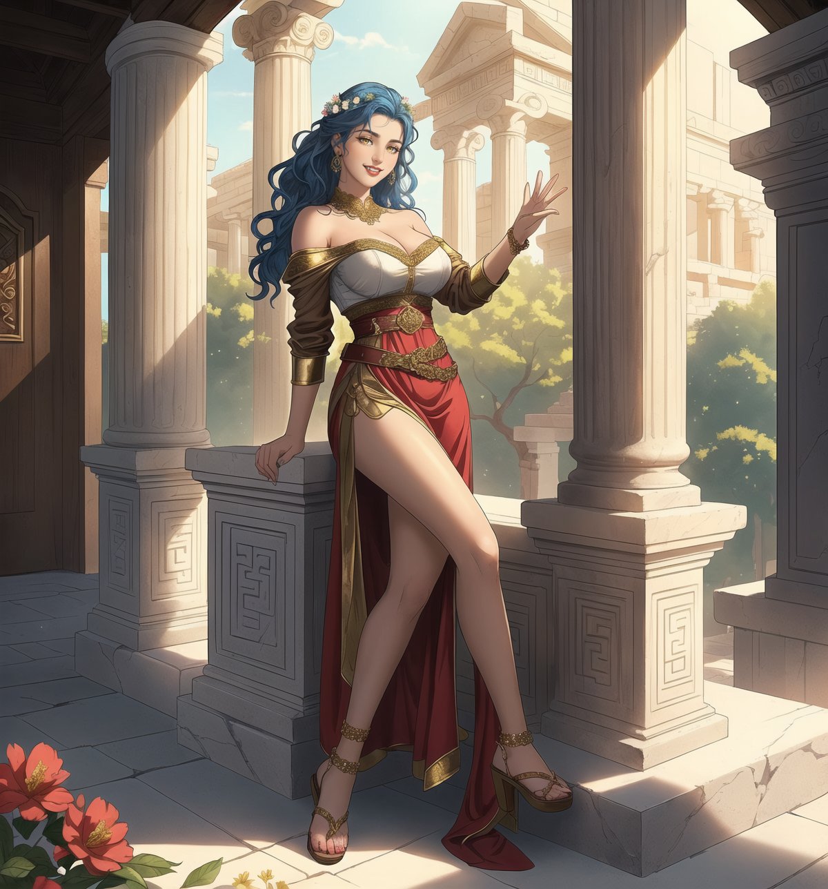 An ultra-detailed 16K masterpiece with classic and mythological styles, rendered in ultra-high resolution with stunning graphical detail. | Sofia, a 27-year-old woman, is dressed in a Greek woman's costume, consisting of a white linen tunic with gold details and a brown leather belt. She is also wearing brown leather sandals and a wreath of flowers and olive leaves in her blue hair. Her hair is long and wavy, falling gently over her shoulders. She has yellow eyes, looking at the viewer while smiling seductively, showing her teeth and wearing red lipstick. It is located in an ancient Greek temple, with structures of white marble, wood and rock. The scene is lit by sunlight, creating soft shadows on the walls. There are figurines of ancient gods scattered around the place, creating a welcoming and mystical atmosphere. | The image highlights Sofia's sensual figure and the architectural elements of the ancient Greek temple. The white marble, wood and rock structures, together with Sofia, the figurines and the flowers, create a mystical and seductive environment. Sunlight illuminates the scene, creating soft shadows and highlighting the details of the scene. | Soft, warm lighting effects create a sensual and mystical atmosphere, while detailed textures on Sofia's structures and clothing add realism to the image. | A sensual and mystical scene of a Greek woman in an ancient temple, fusing elements of classical and mythological art. | (((The image reveals a full-body shot as Sofia assumes a sensual pose, engagingly leaning against a structure within the scene in an exciting manner. She takes on a sensual pose as she interacts, boldly leaning on a structure, leaning back and rubbing against the structure, reclining in an exciting way.))). | ((((full-body shot)))), ((perfect pose)), ((perfect fingers, better hands, perfect hands)), ((perfect legs, perfect feet)), ((huge breasts)), ((perfect design)), ((perfect composition)), ((very detailed scene, very detailed background, perfect layout, correct imperfections)), More Detail, Enhance