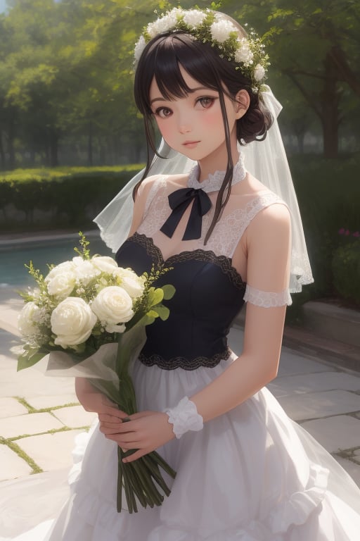 a girl solo,bouquet,looking at viewer,semirealistic