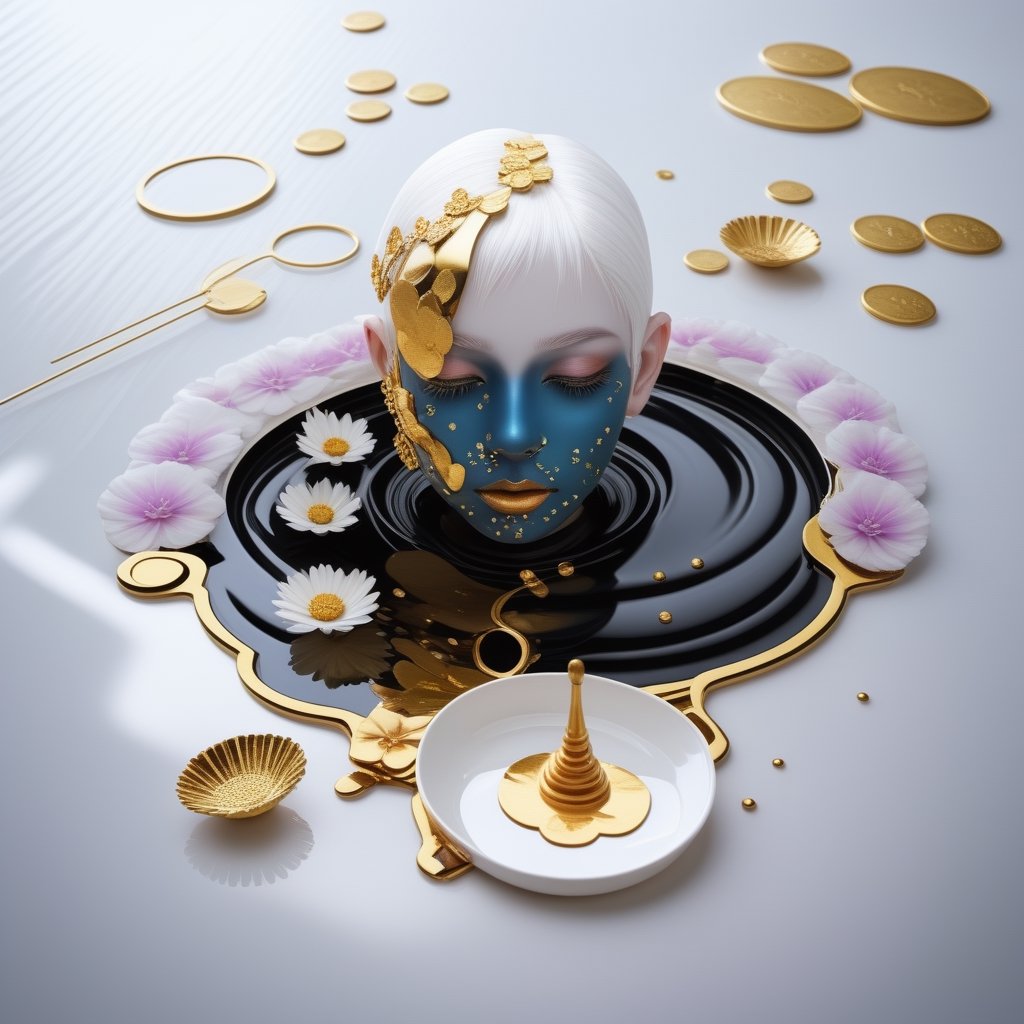 solo, looking at viewer, short hair, blue eyes, hair ornament, flower, white hair, pointy ears, hair flower, lips, makeup, white flower, gem, portrait, realistic, coin, gold, honey,photorealistic,glitter,Masterpiece,IncrsNikkeProfile,<lora:659095807385103906:1.0>