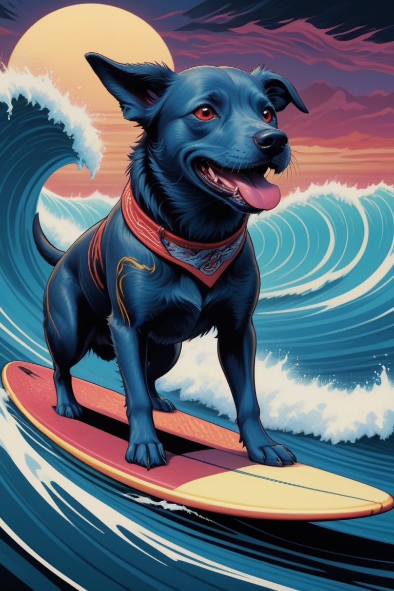 red eyes, tongue, water, collar, no humans, animal, dog, realistic, waves, surfboard,<lora:659095807385103906:1.0>