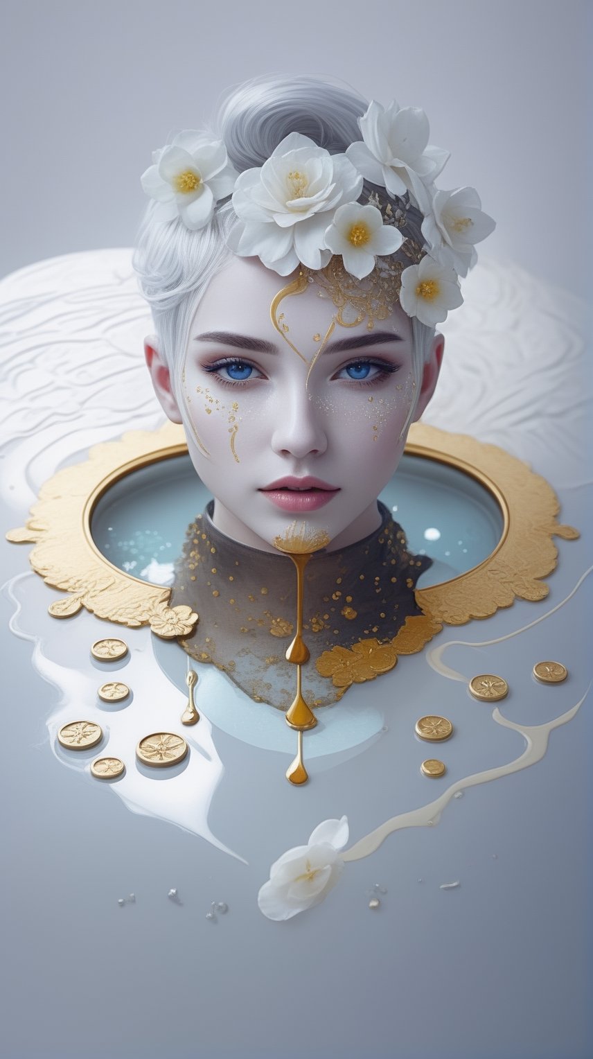 solo, looking at viewer, short hair, blue eyes, hair ornament, flower, white hair, pointy ears, hair flower, lips, makeup, white flower, gem, portrait, realistic, coin, gold, honey,photorealistic,<lora:659095807385103906:1.0>