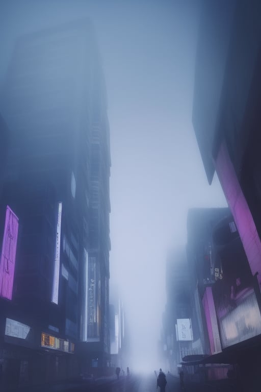 Blade runner 2049 vibe scenery night view with fog and slight rain but not too dark with tall buildings everywhere and neon lights with very few people . flying cars high in the sky. Dystopian city.
 