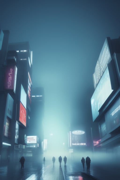 Blade runner 2049 vibe scenery night view with fog and slight rain but not too dark with tall buildings everywhere and neon lights with very few people . flying cars high in the sky. Dystopian city.
 