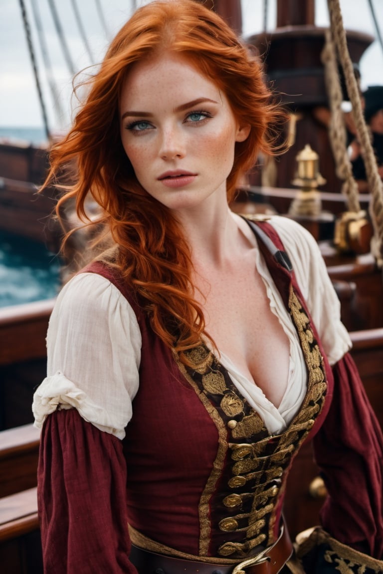 a beautiful redhead pirate woman , hazel green eyes, fade freckles , she's on a ship , wearing pirate attire, pirate woman detailed,photo r3al,Movie Still,Film Still,Cinematic,Qftan,aesthetic portrait,sexy,  perfect body 