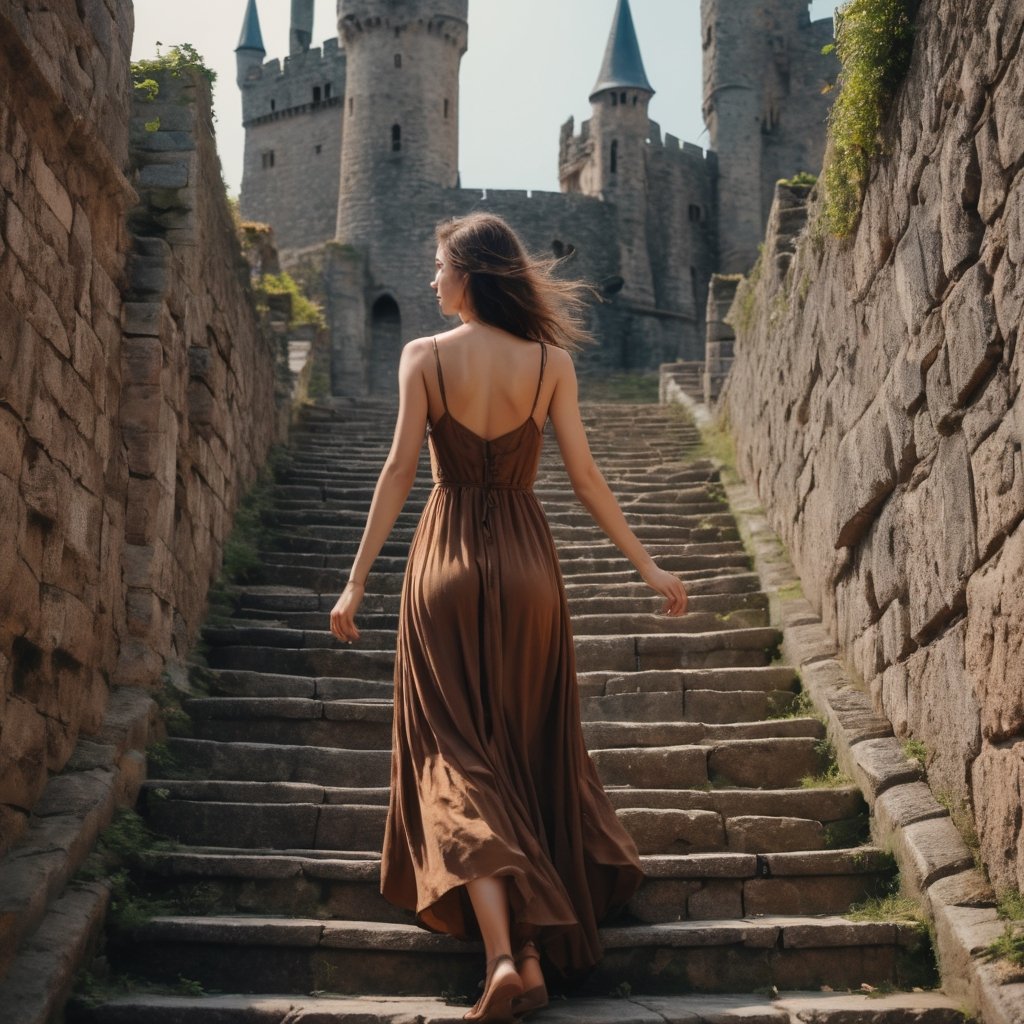 a beautiful girl ((exhausted climbing long castles infinite stairs with hands))) wearing simple brown dress background,, , ultra detailed, masterpiece, 8k.cinemtic look , grainy cinematic, fantasy vibes  godlyphoto r3al,detailmaster2,aesthetic portrait, cinematic colors, earthy , moody,  