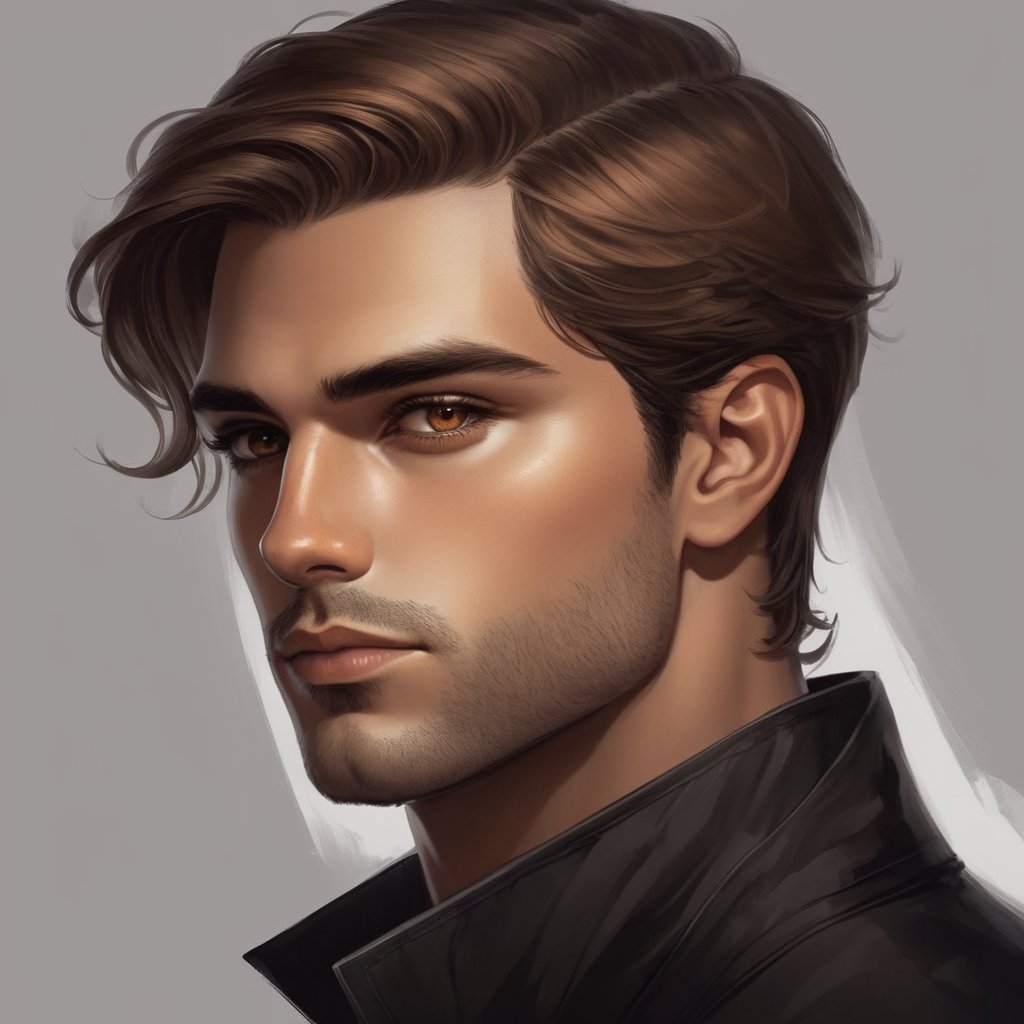 Half body profile of a man , Amber hazel brown eyes, serious look on face a character portrait, inspired by Charlie Bowater, & a dark, sk