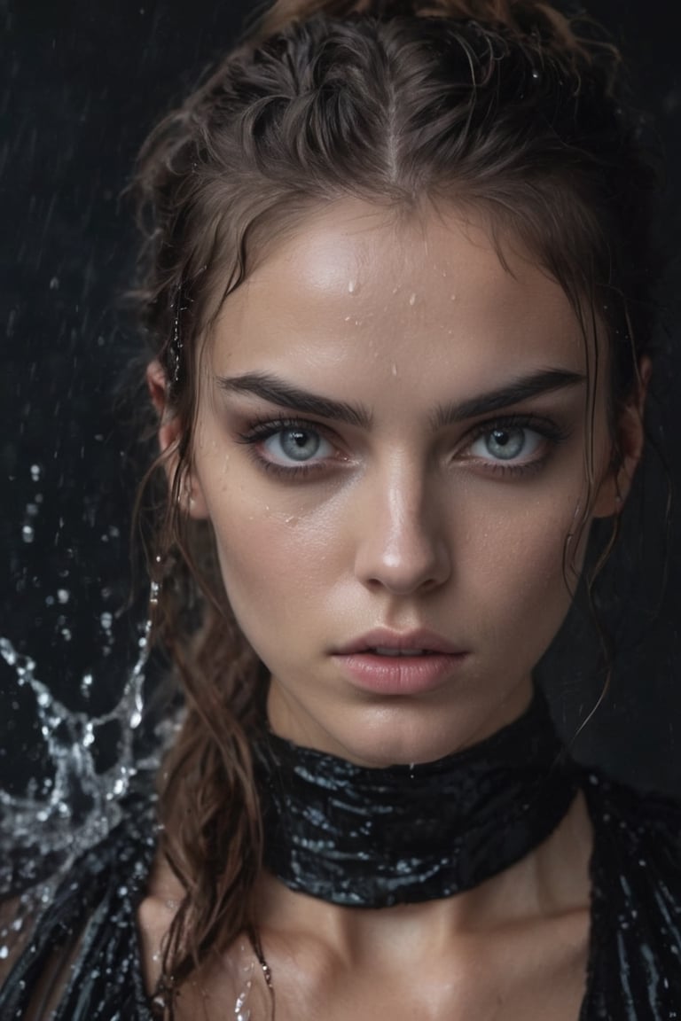 close up of a beautiful girl, grey eyes, fierce look in eye, angry, drenched in water, wearing black gown angry looking at camera pointing a finger towards camera, dark black plain background, she point her finger at camera ae death promise,wet hair like she come out of water,ultra detailed, masterpiece, 8k.cinemtic look  grainy cinematic, fantasy vibes  godlyphoto r3al,detailmaster2,aesthetic portrait, cinematic colors, earthy , moody,  