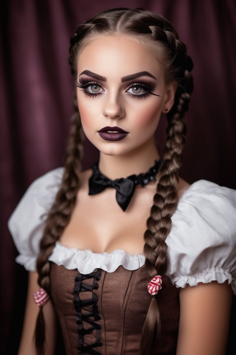 photography, a beautiful young woman, brown eyes,wearing a doll dress,dark brown braided braids, , wearing broken doll makeup, inocent eyes, beautiful and horror circus doll ,, carnival backdrop 