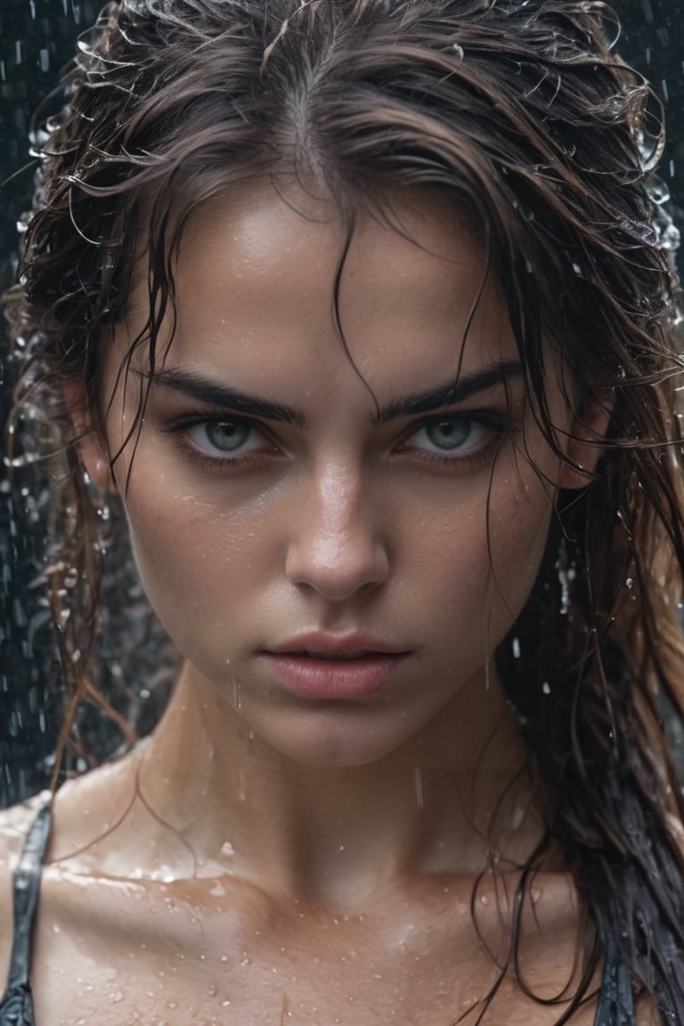 close up of a beautiful girl, grey eyes, fierce look in eye, angry, drenched in water, angry looking at camera pointing a finger towards camera, dark background, she point at camera ae death promise,wet hair , ultra detailed, masterpiece, 8k.cinemtic look  grainy cinematic, fantasy vibes  godlyphoto r3al,detailmaster2,aesthetic portrait, cinematic colors, earthy , moody,  